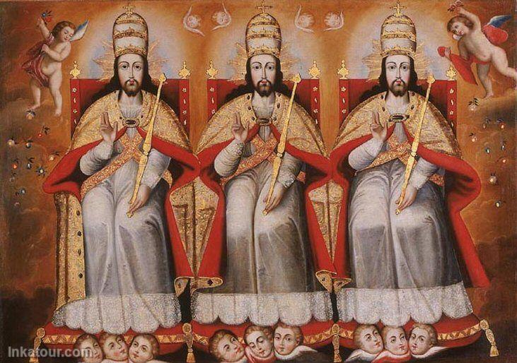 Enthroned Trinity as Three Equal Persons. Circa 1690-95, Arequipa